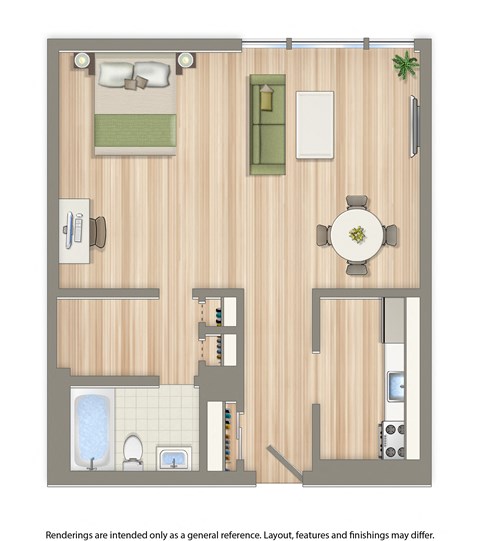 Floor plan for studio, 1 bath, 500 sqft